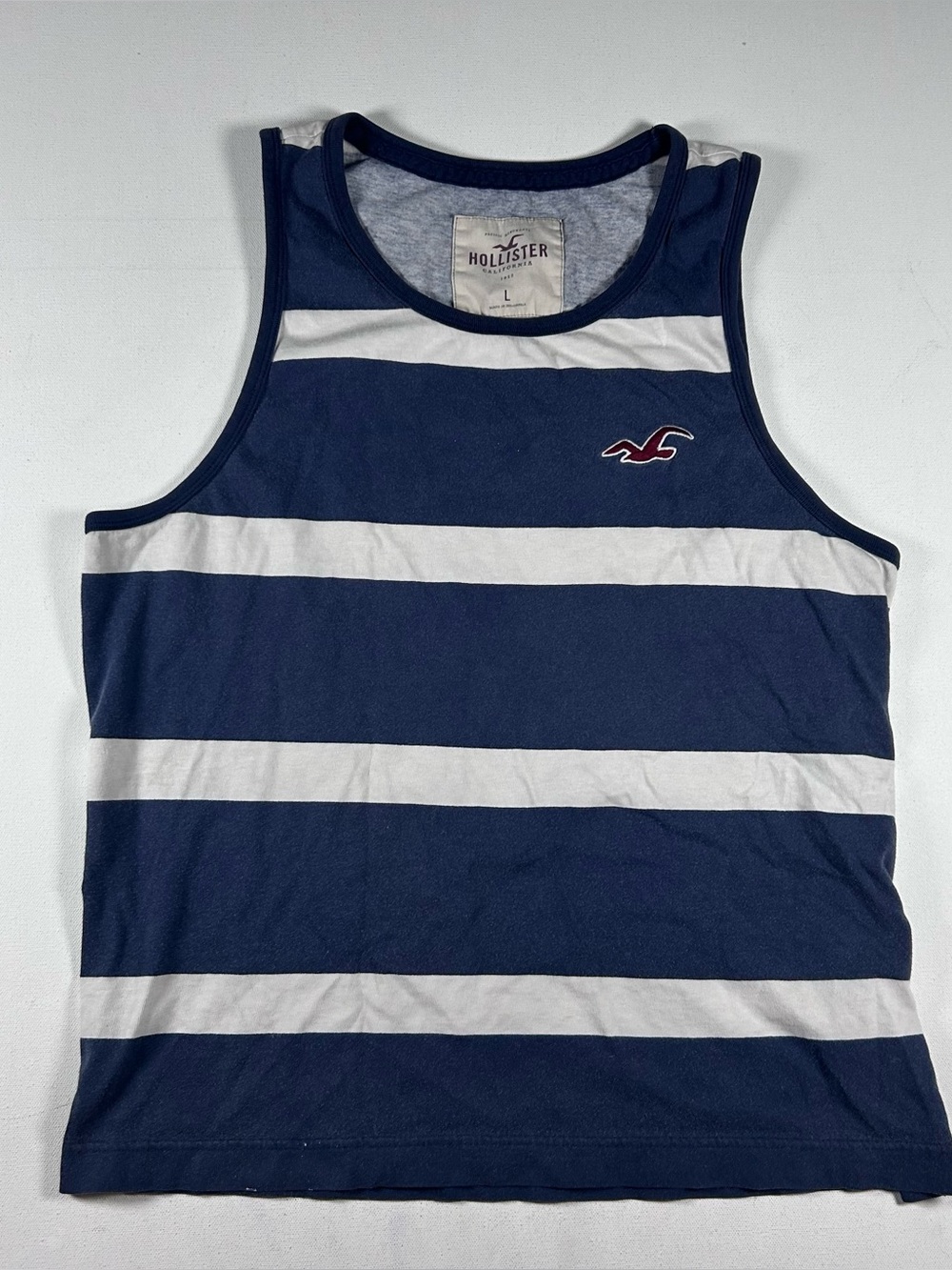 Y2k Hollister Men's Striped Tank Size Large Blue White Embroidered Vintage